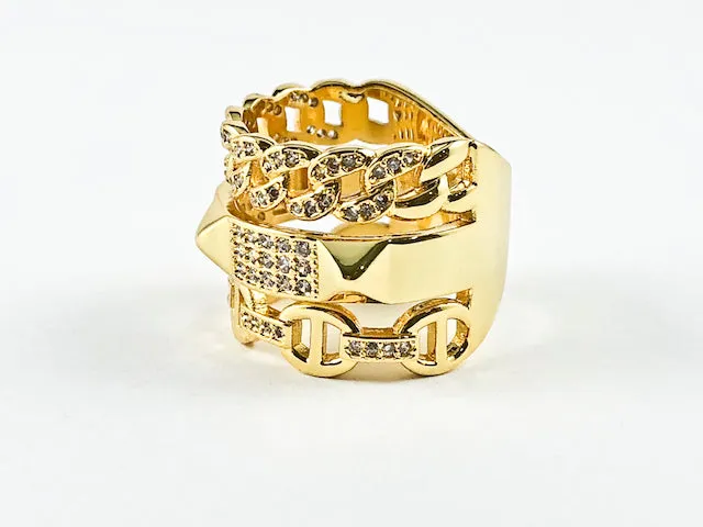 Beautiful Elegant Layered Belt & Chain Design Gold Tone Brass Ring