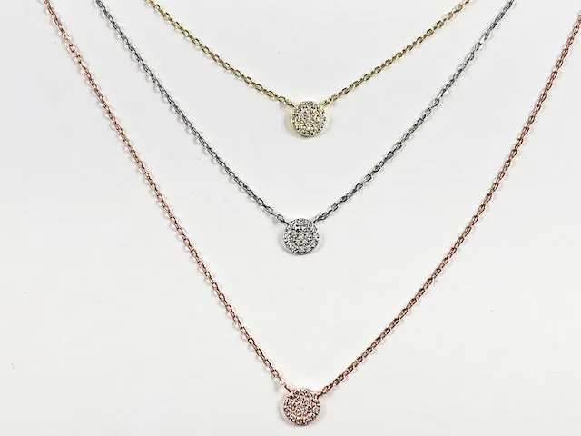 Elegant Beautiful Tri Color Round Disc CZ Layered Design Silver Necklace