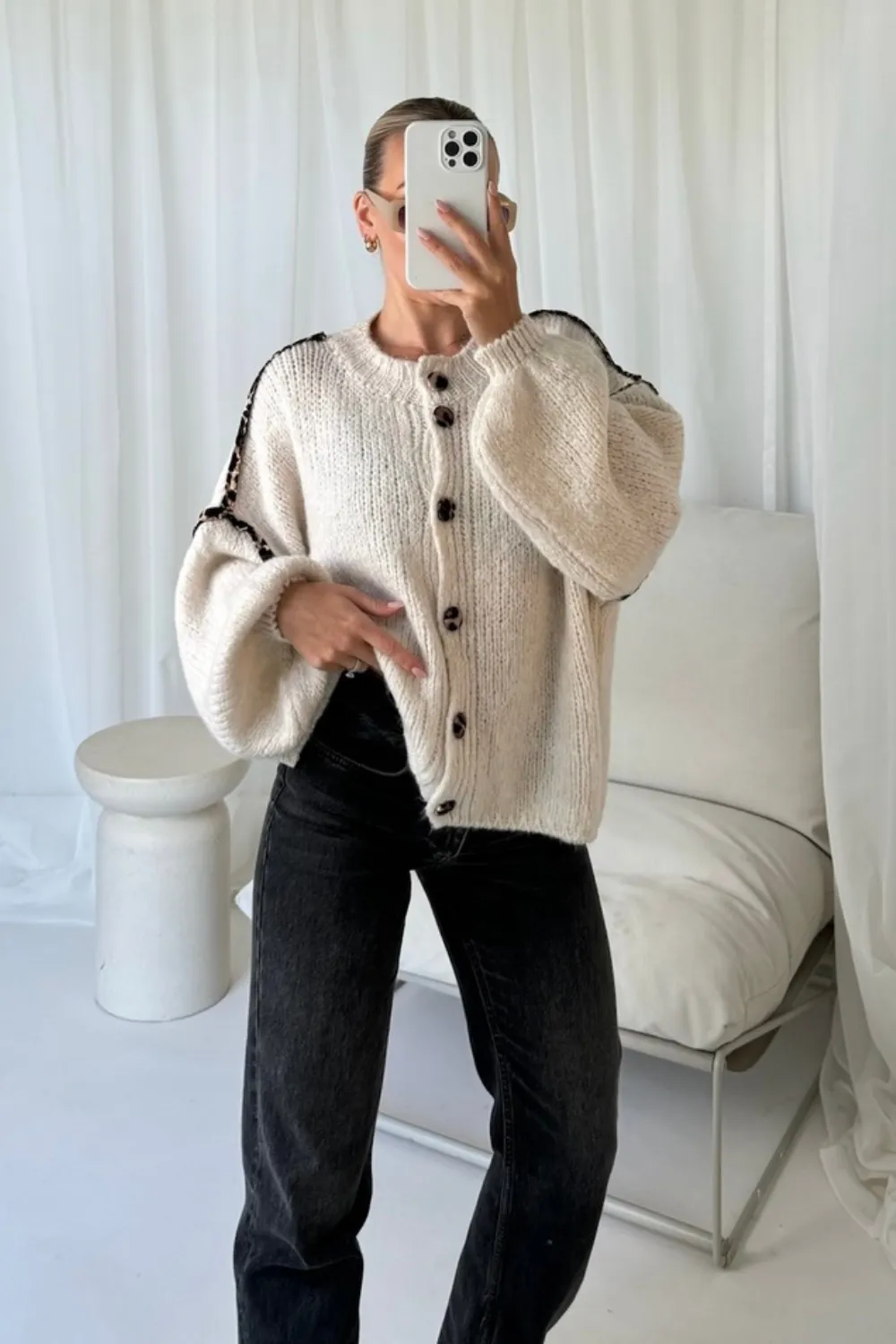 Katie cream leopard detailed cardigan