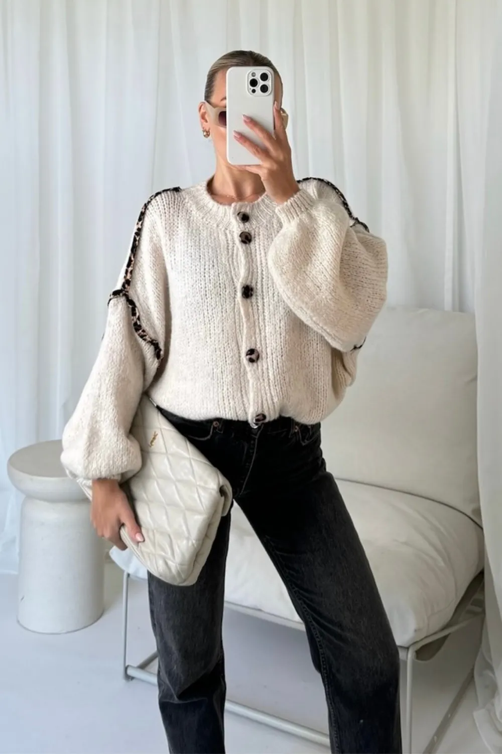 Katie cream leopard detailed cardigan