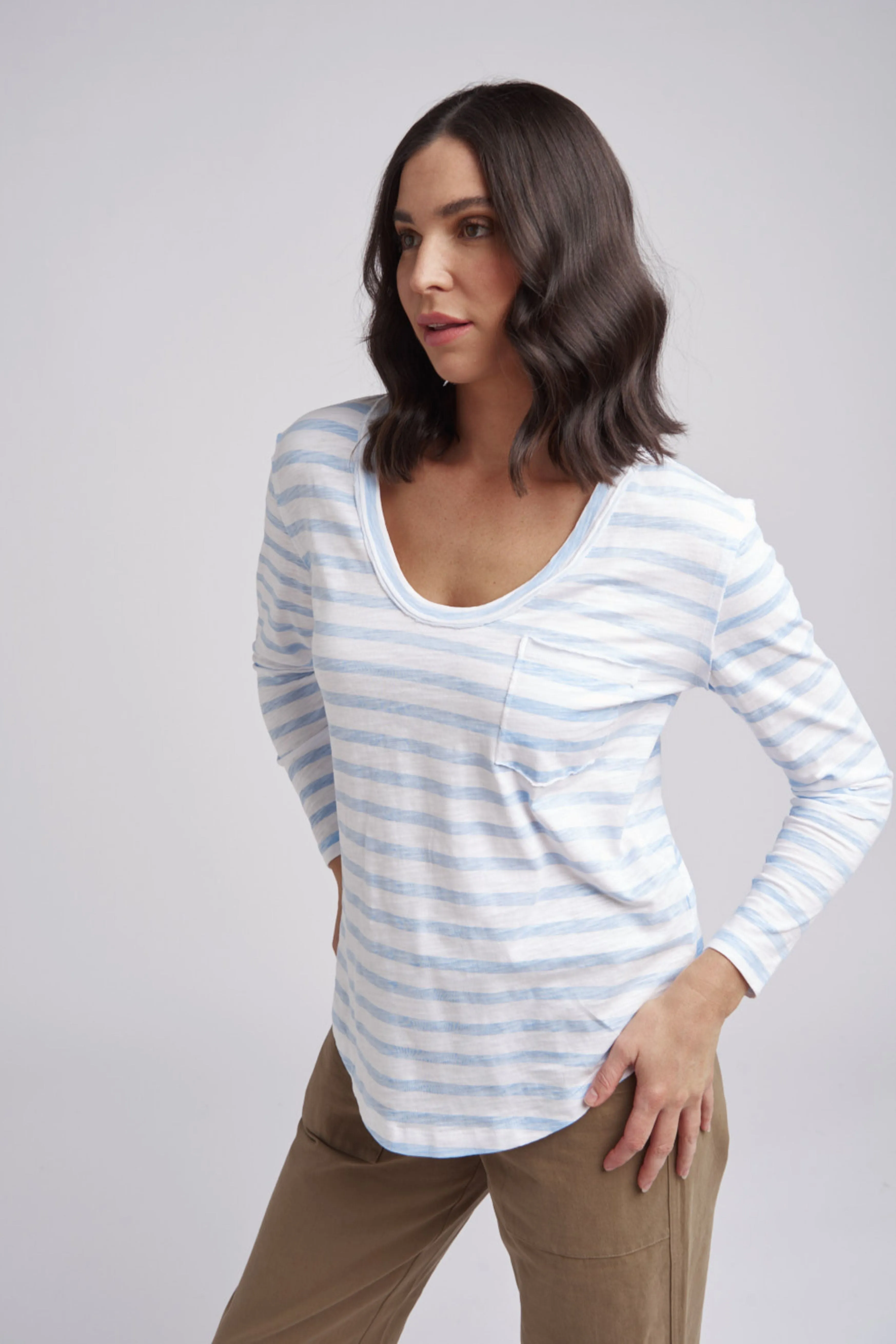 Scoop Neck Stripe Cotton Pocket Tee Ballard Blue/White